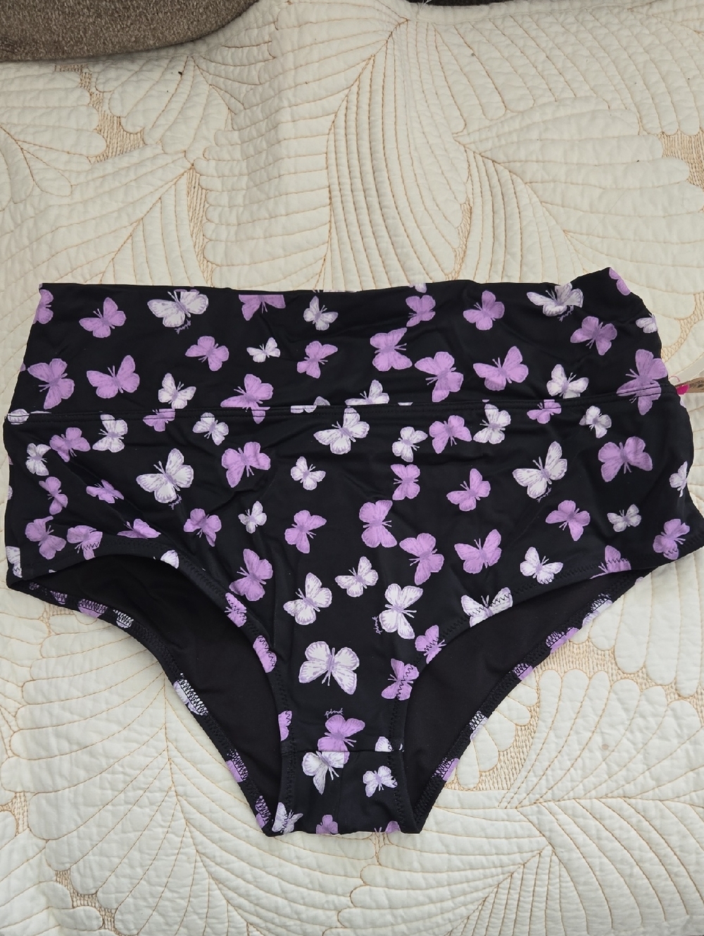 PINK Victoria's Secret Black Bikini Bottoms with Purple Butterfly Print Large